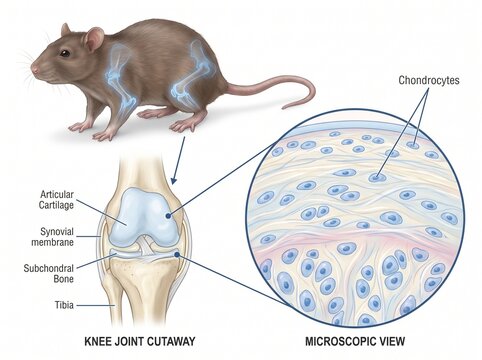 Rat Knee Joint Anatomy and Microscopic View of Chondrocytes Scientific Illustration