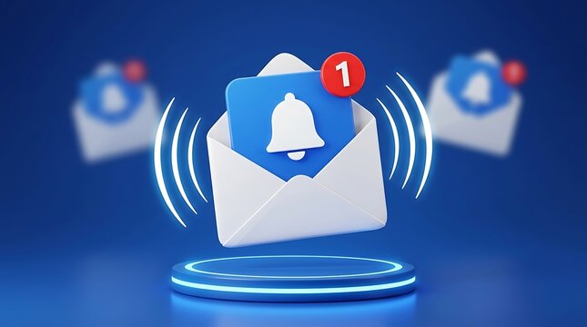 Notification icon envelope featuring digital alert symbols in blue white and red rendered over platform for effective communication management in modern business software interfaces.