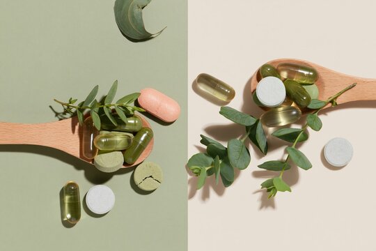 Two wooden spoons holding green capsules and herbal tablets on a split green and cream surface with copy space for wellness and nutrition