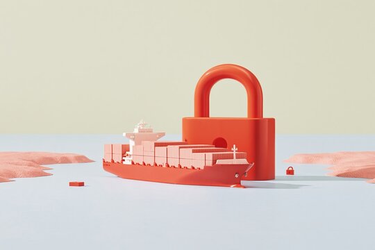 A miniature container ship next to a large orange padlock on a stylized map for maritime security and global trade protection concepts