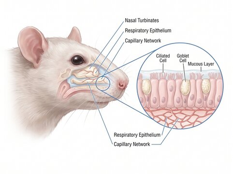 Detailed Biomedical Illustration of Rat Nasal Anatomy and Respiratory Epithelium