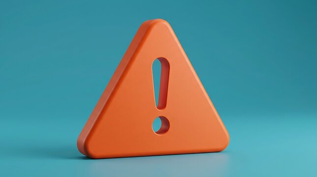 Orange triangular warning sign with exclamation mark symbol on teal background, caution and alert symbol for important information and danger.