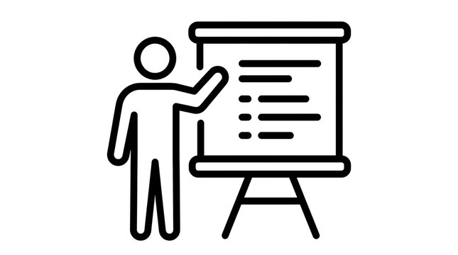 An icon representing a person presenting information on a whiteboard, suitable for business presentations, education, and training sessions.
