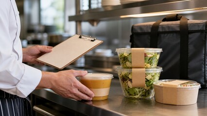 Fototapeta premium Takeaway order quality control at restaurant kitchen pass