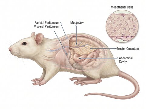 Rat Peritoneal Cavity Anatomy Diagram with Mesothelial Cells Inset