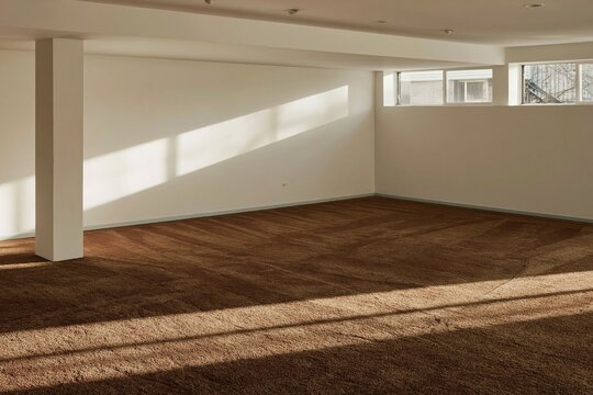 Brown loop pile carpet in a newly finished basement with warm sunlight and copy space, for home renovation and property listing marketing