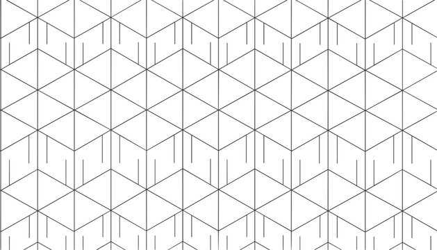 Seamless black and white geometric pattern composed of isometric cubes and linear elements forming abstract texture.