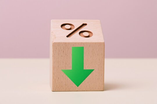 Wooden block with a percent symbol and green downward arrow on a cream surface, featuring a soft purple background for finance and discount marketing