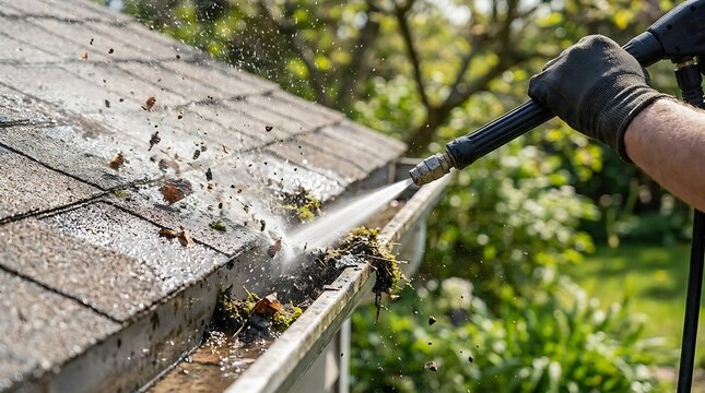 Close up view of gloved hand holding pressure washer nozzle spraying dirty gutter overflowing with wet leaves and organic matter on residential rooftop during cleaning service.