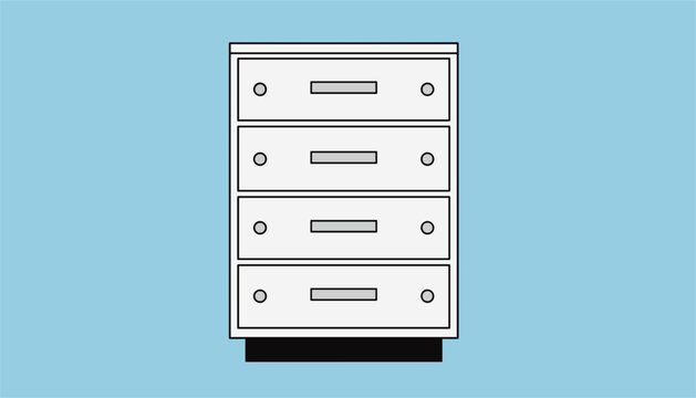 Modern white filing cabinet with four deep drawers on a light blue background, representing document organization.