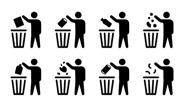 People throwing trash into bins, set of black silhouette icons.