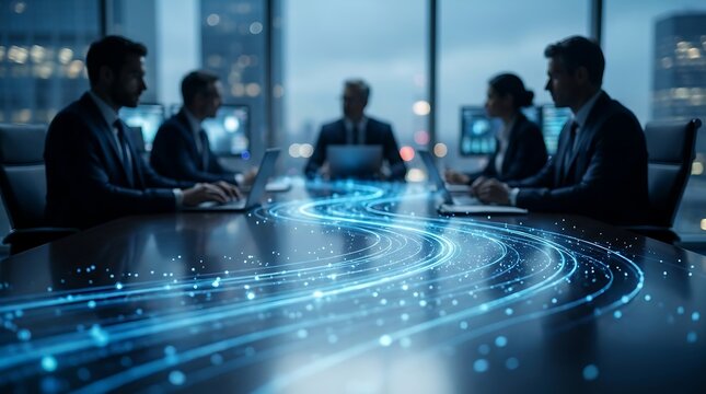 Diverse business team in modern office collaborating around table with laptops and data streams demonstrating synergy and technological advancement for success.