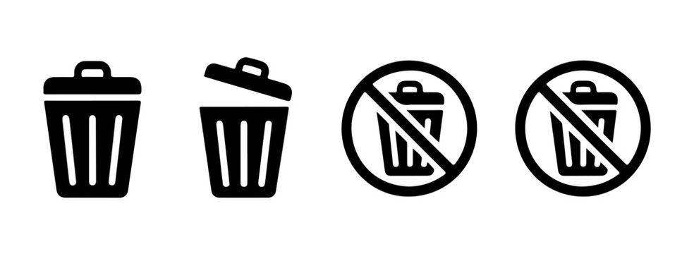 Waste container icon collection with prohibited symbols for trash management and cleanup.