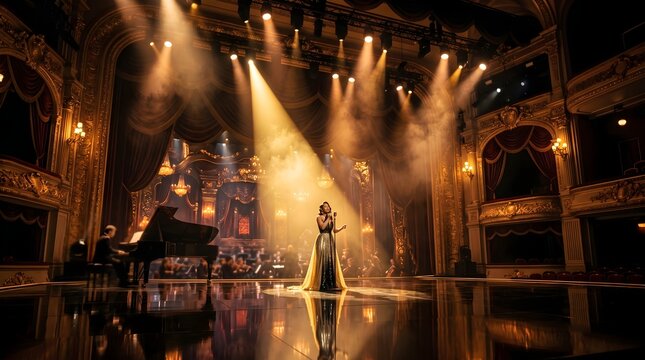 Female singer in a shimmering gold gown performs a powerful vocal solo on a dimly lit grand theatrical concert stage