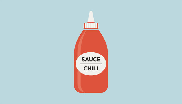Red plastic bottle of spicy chili sauce with a white label on a serene pastel blue background, representing a condiment.