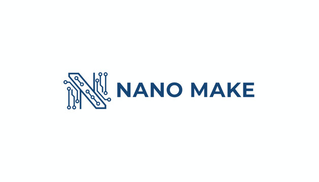 Modern Nano Make logo design featuring a high tech stylized letter N made with digital electronic circuit connections.