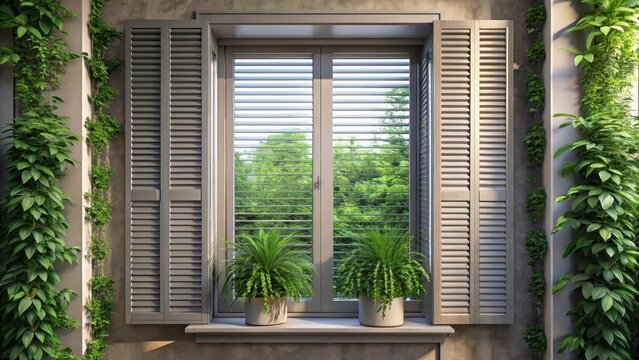 Gray louvered window with green plants outside