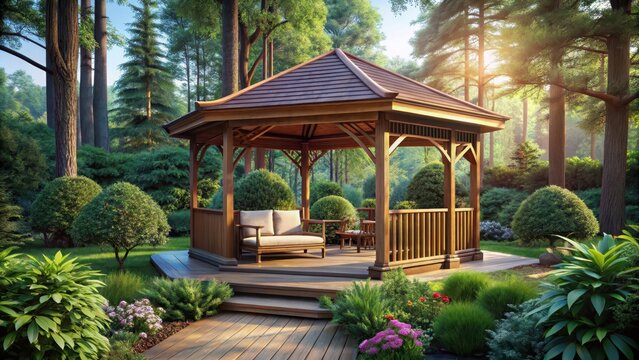 Wooden gazebo garden seating area lush forest background relaxation