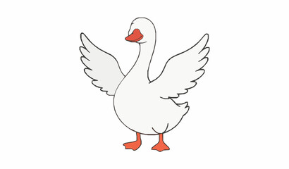 Fototapeta premium Cute goose with raised wings cartoon outline vector character