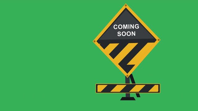 Animated coming soon warning sign with striped hazard pattern, isolated on green screen background footage