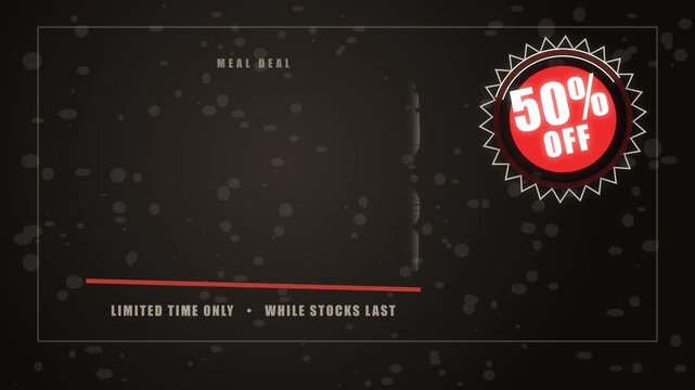 Grunge combo offer text animation with 50% off badge, limited time sale, fade in out