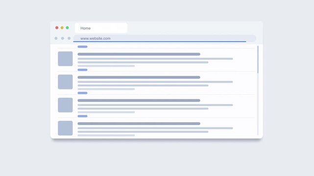Animated web browser window simulation motion graphic flat design, browsing interface, search results page, simple UI animation