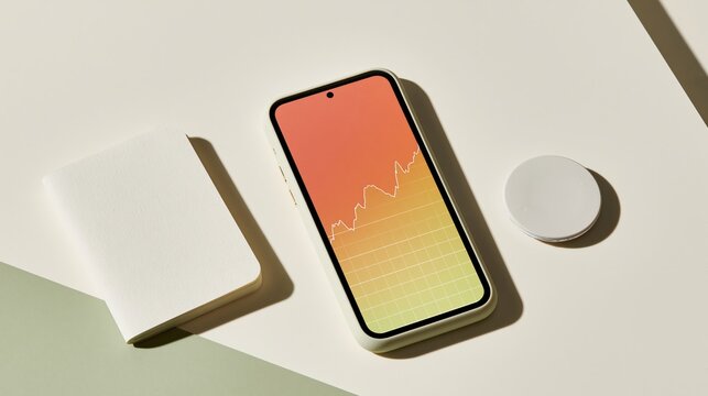 Smartphone displaying a blood sugar trend graph beside a notebook and glucose sensor, a soft matte still life for diabetes management and health apps