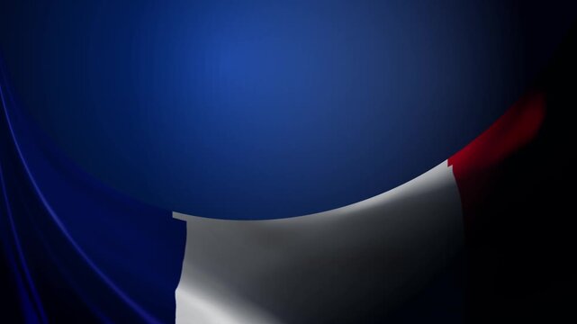 Waving French tricolor flag layered with a dark blue curved motion background 4k animation, creating a patriotic backdrop ideal for national celebrations, posters, presentations, and editorial use.
