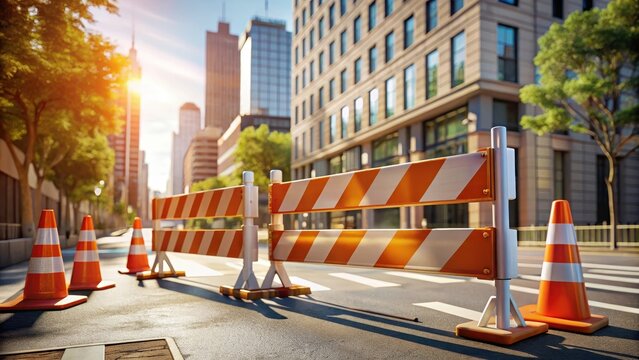 A bright orange and white barricade blocks a city street restricting access to the area