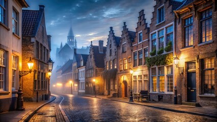 Naklejka premium Old town street at night with fog and lights bruges belgium