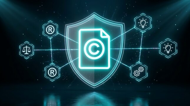 Digital shield protects copyright document icon surrounded by glowing hexagons representing legal rights intellectual property and business innovation symbols.
