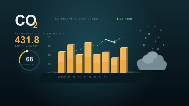 CO2 emissions graph animation showing rising levels, environmental data analysis, climate change concept