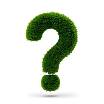 A large green question mark made of grass on a white background