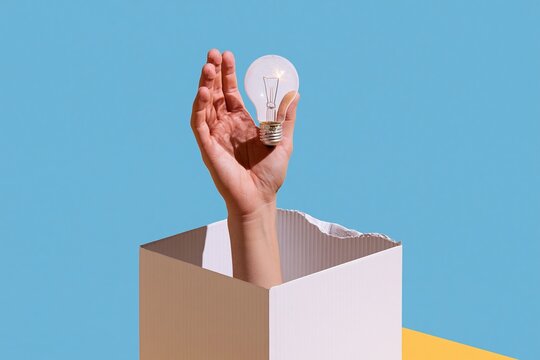 Human hand holding a glowing light bulb emerging from a torn cardboard box against a blue background, for creativity and idea generation concepts