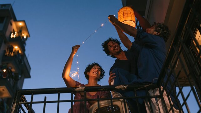 Two young Indian adults decorating an apartment balcony with a glowing paper kandil and fairy lights at blue hour, for Diwali and home festive-decor