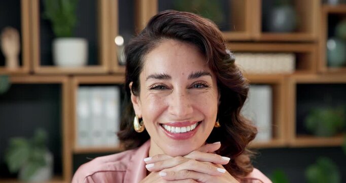 Face, admin or happy woman with pride in eco friendly office for nursery reception or startup. Portrait, female person or environmentalist with smile for green business, NGO or growth in workplace