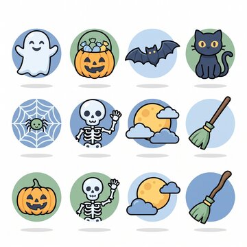 Circular halloween icon set with ghost and pumpkin