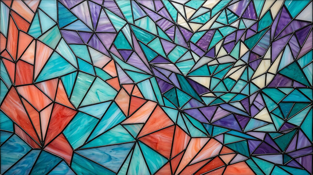 Geometric stained glass art featuring triangle and angular mosaic patterns geometric triangles abstract background translucent