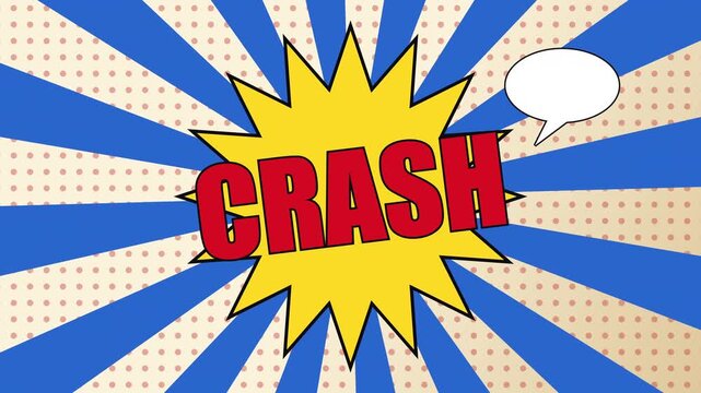Animated comic text crash pop art explosion with speech bubble on vintage blue rays background