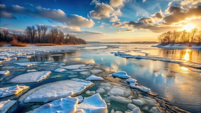 Open water and ice floes in a frozen river or lake during winter