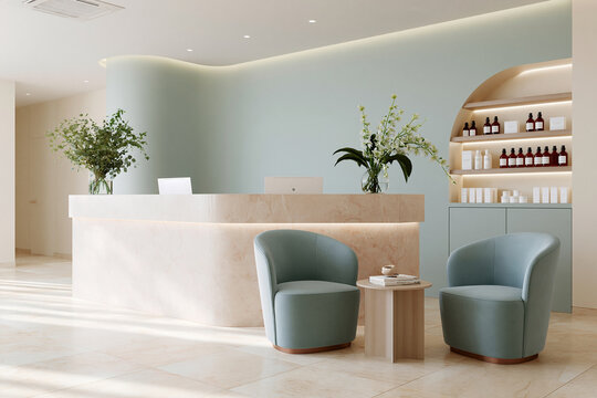 Modern reception desk with soft pastel tones. Minimalist design meets calm, serene ambiance. Two plush armchairs flank a small side table. Plant arrangements add natural, fresh touches