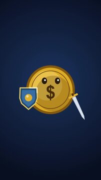Cute dollar coin character with sword and shield animation, financial security and protection concept