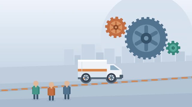 Teamwork and delivery concept animation with people and rotating gears driving a van in a city