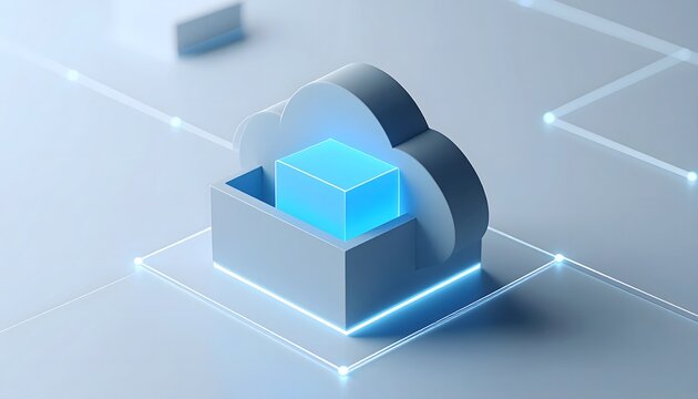 Isometric 3D cloud computing technology graphic with a glowing blue data cube on a connected digital network for global server storage and access