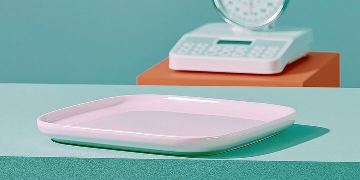 Empty ceramic plate on a clean kitchen counter for food product display, featuring a blurred weight scale and soft daylight for a balanced lifestyle concept