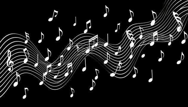 White Musical Notes Floating on Black Background