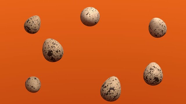 Floating speckled eggs on orange background. 3d rendering
