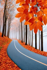 Obraz premium Winding path through misty autumn forest carpeted with orange and red fallen leaves
