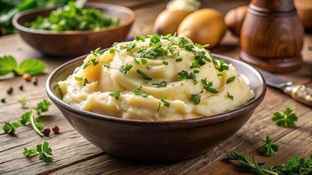 Creamy mashed potatoes served with fresh herbs