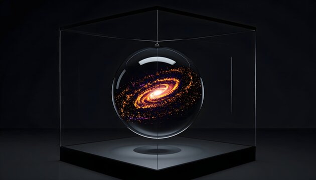 A glowing spiral galaxy within a clear glass sphere, suspended in a display cube, artistically portrays the vastness and mystery of the universe